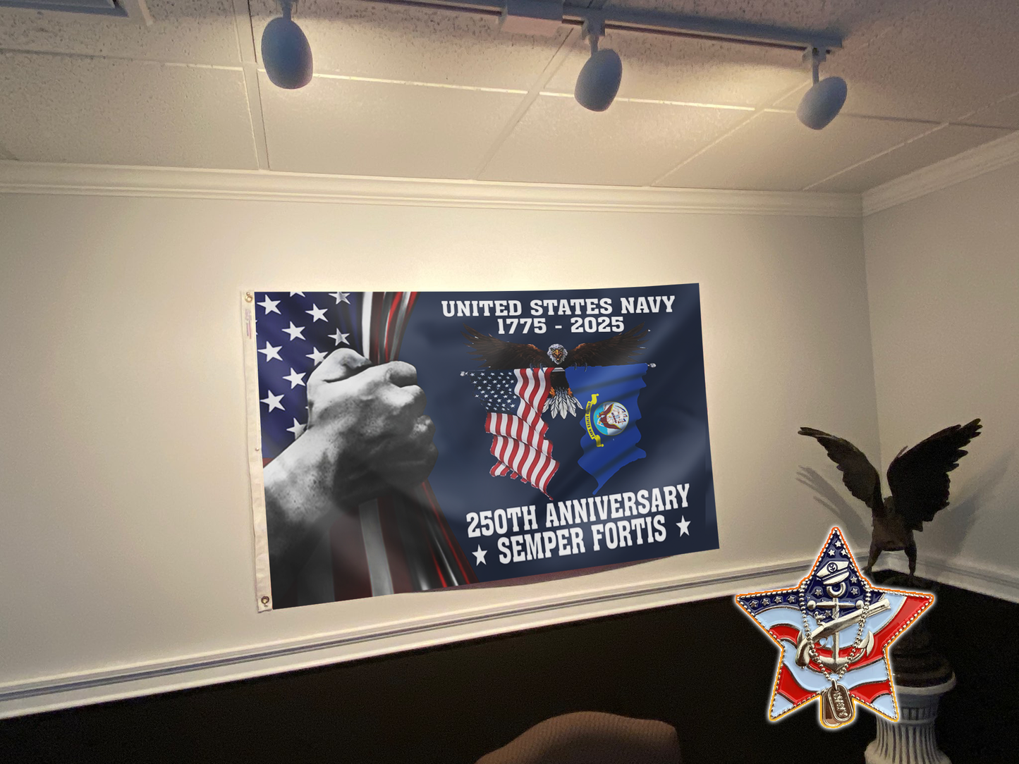 U.S. Navy 250 Years Anniversary Flag + Veteran Pin - Bundle
