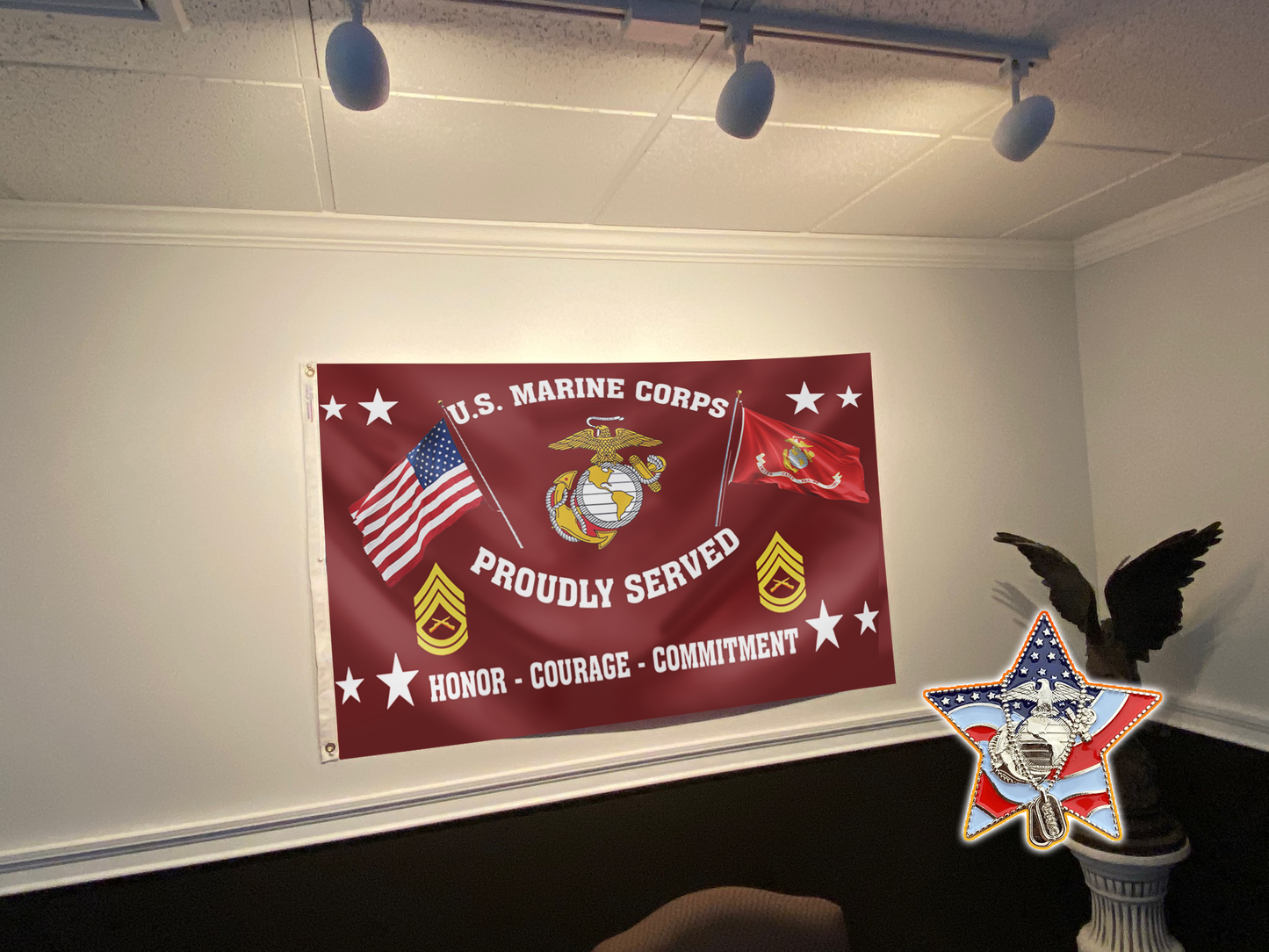 United States Marine Corps Proudly Served Flag + Veteran Pin - Bundle
