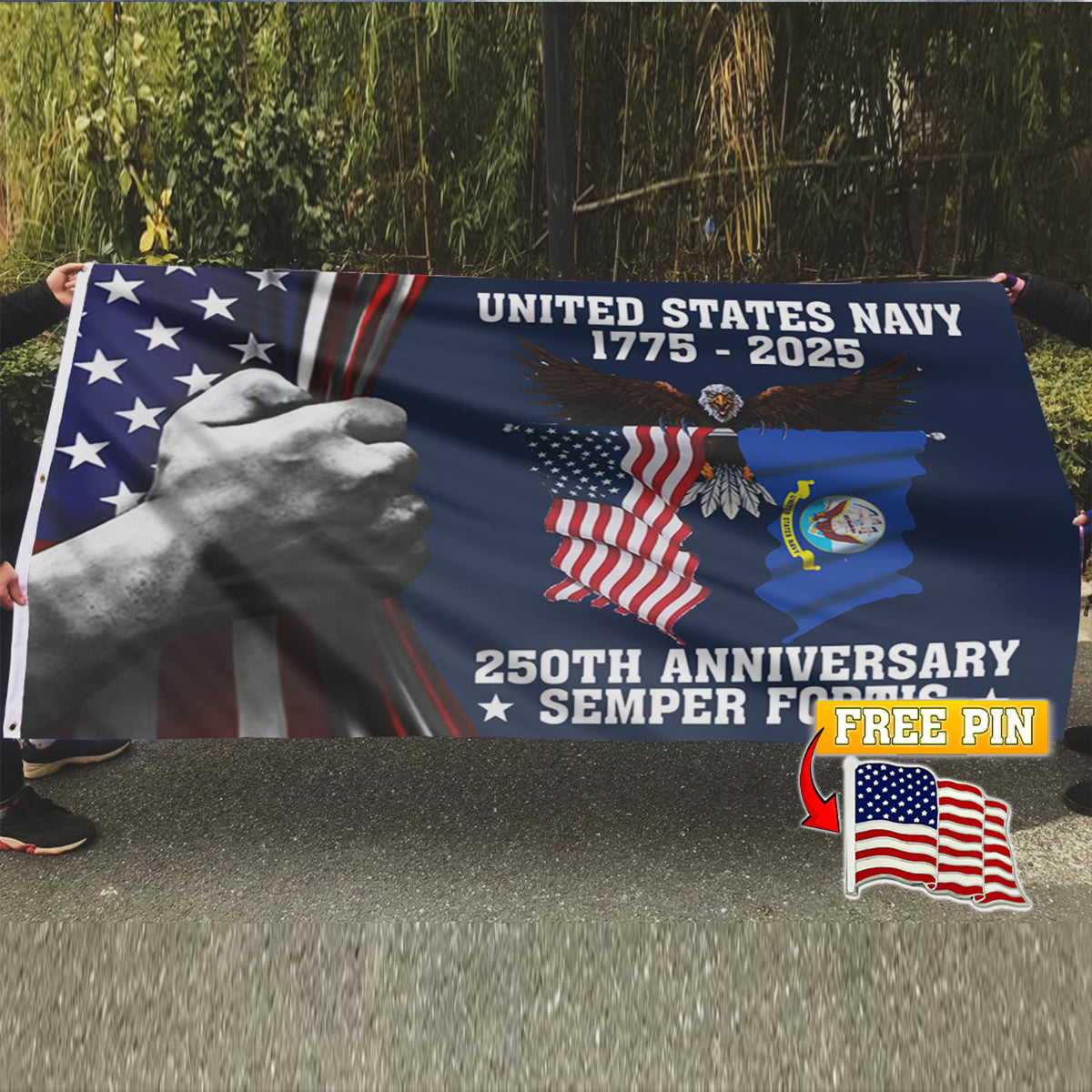 U.S. Navy 250 Years Anniversary Flag with FREE American Pin