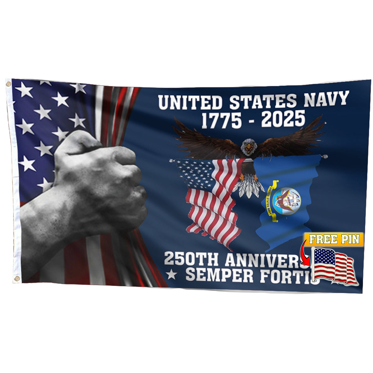 U.S. Navy 250 Years Anniversary Flag with FREE American Pin