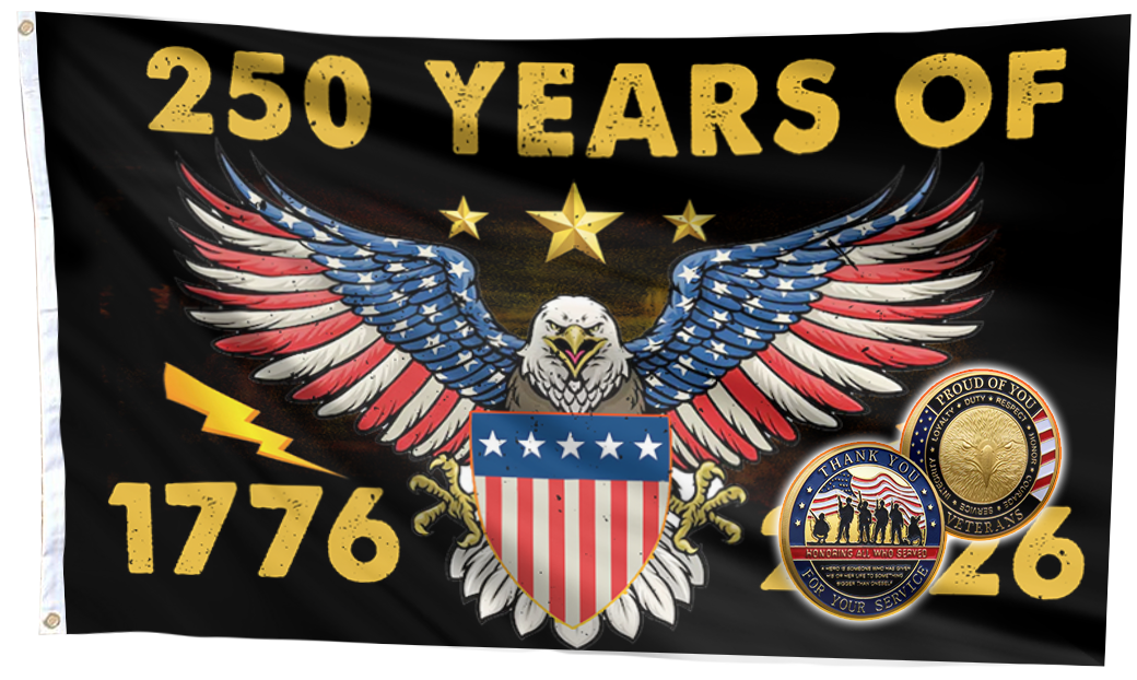 Patriotic 250th Anniversary U.S. Flag (1776–2026) + Veteran Coin - Bundle