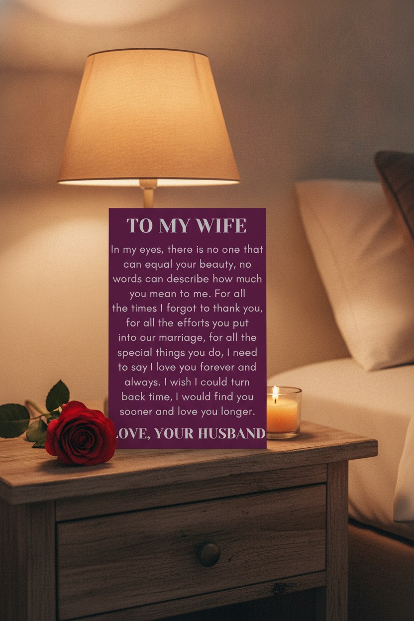 To My Wife keepsake print on nightstand with candlelight