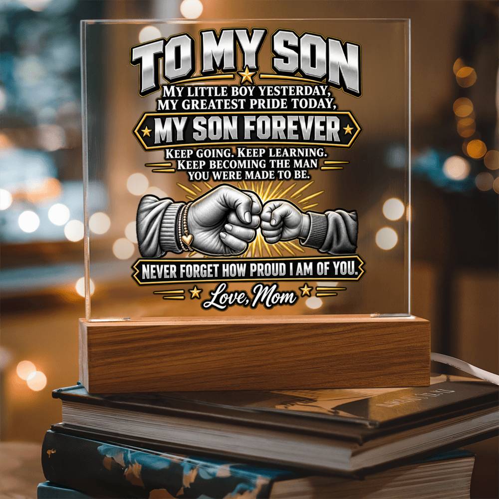 Son Forever Acrylic Plaque from Mom with Fist Bump Design