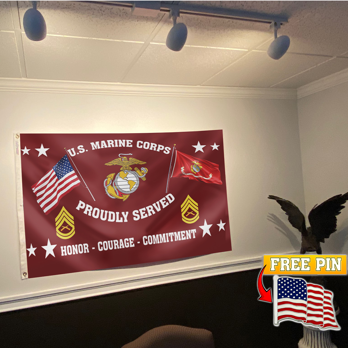 US Marine Corps Proudly Served Flag with FREE American Pin
