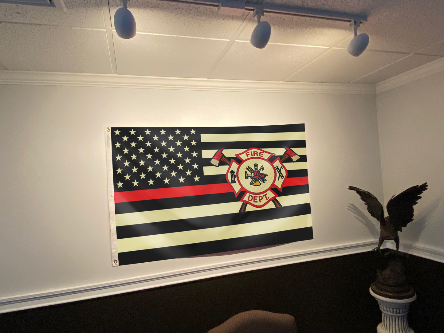 American Fire Fighter with Thin Red Line Flag