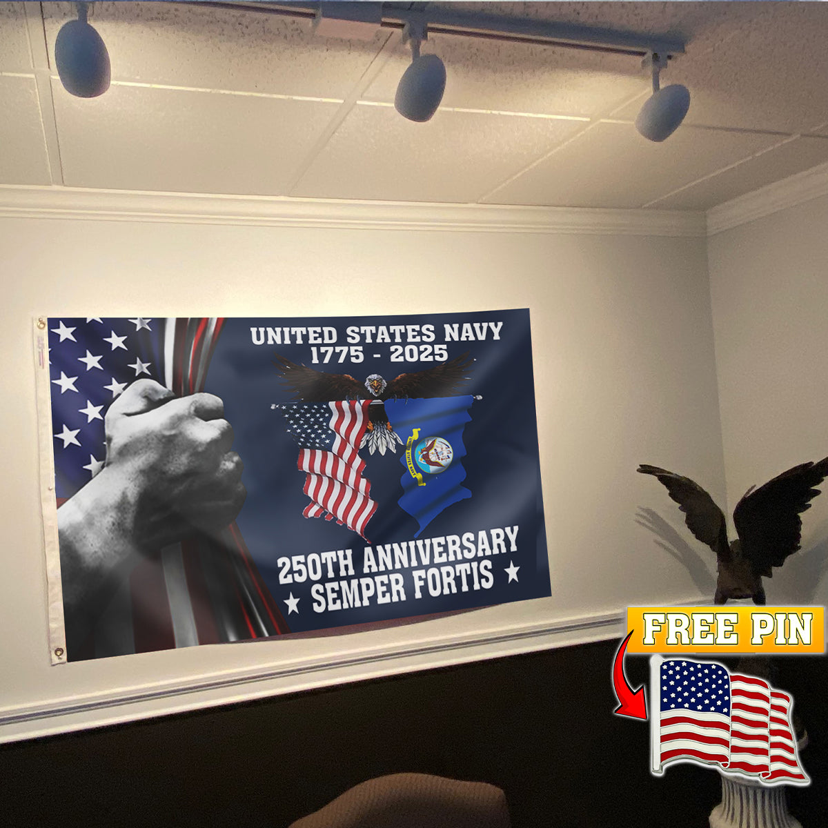 U.S. Navy 250 Years Anniversary Flag with FREE American Pin