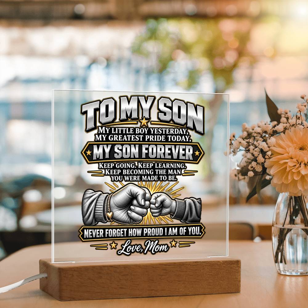 Son Forever Acrylic Plaque from Mom with Fist Bump Design