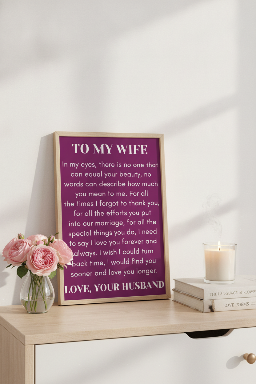To My Wife keepsake print on desk shelf with roses