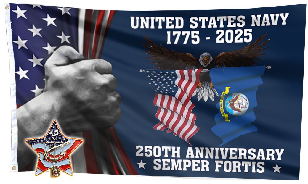 U.S. Navy 250 Years Anniversary Flag + Veteran Pin - Bundle