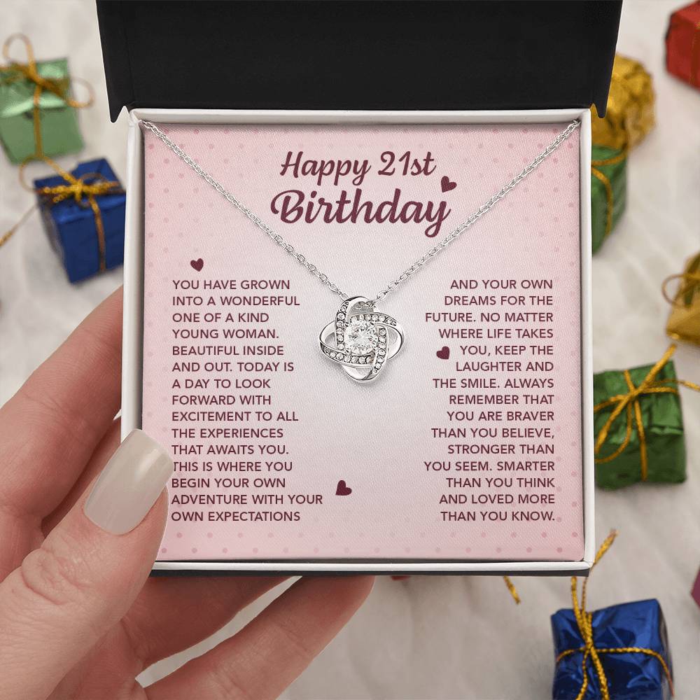 HAPPY 21ST BIRTHDAY ADVENTURE LOVE KNOT NECKLACE