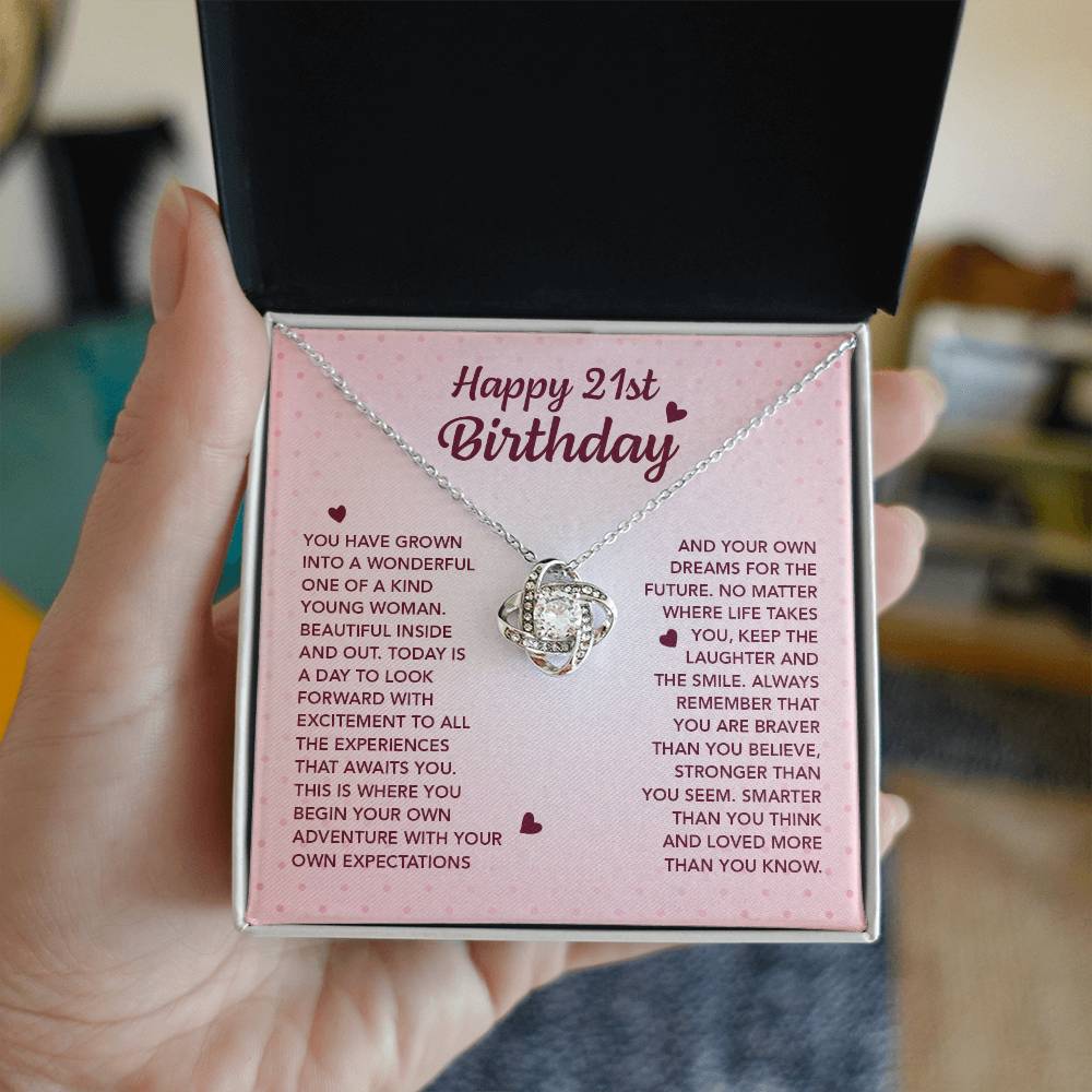 HAPPY 21ST BIRTHDAY ADVENTURE LOVE KNOT NECKLACE