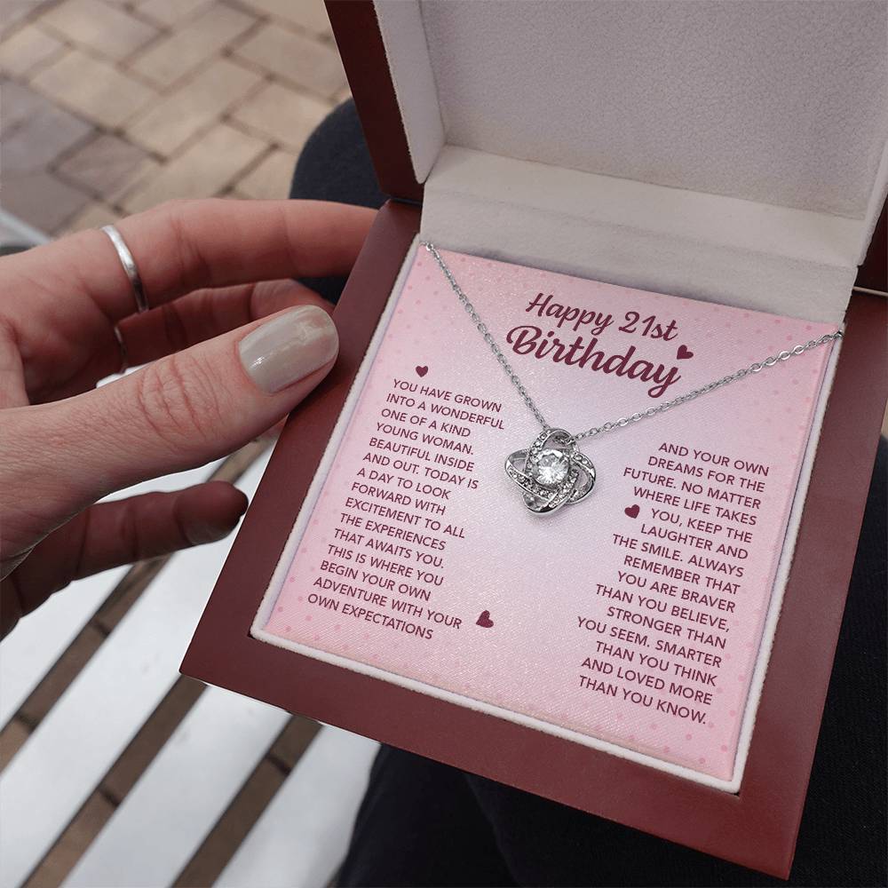 HAPPY 21ST BIRTHDAY ADVENTURE LOVE KNOT NECKLACE