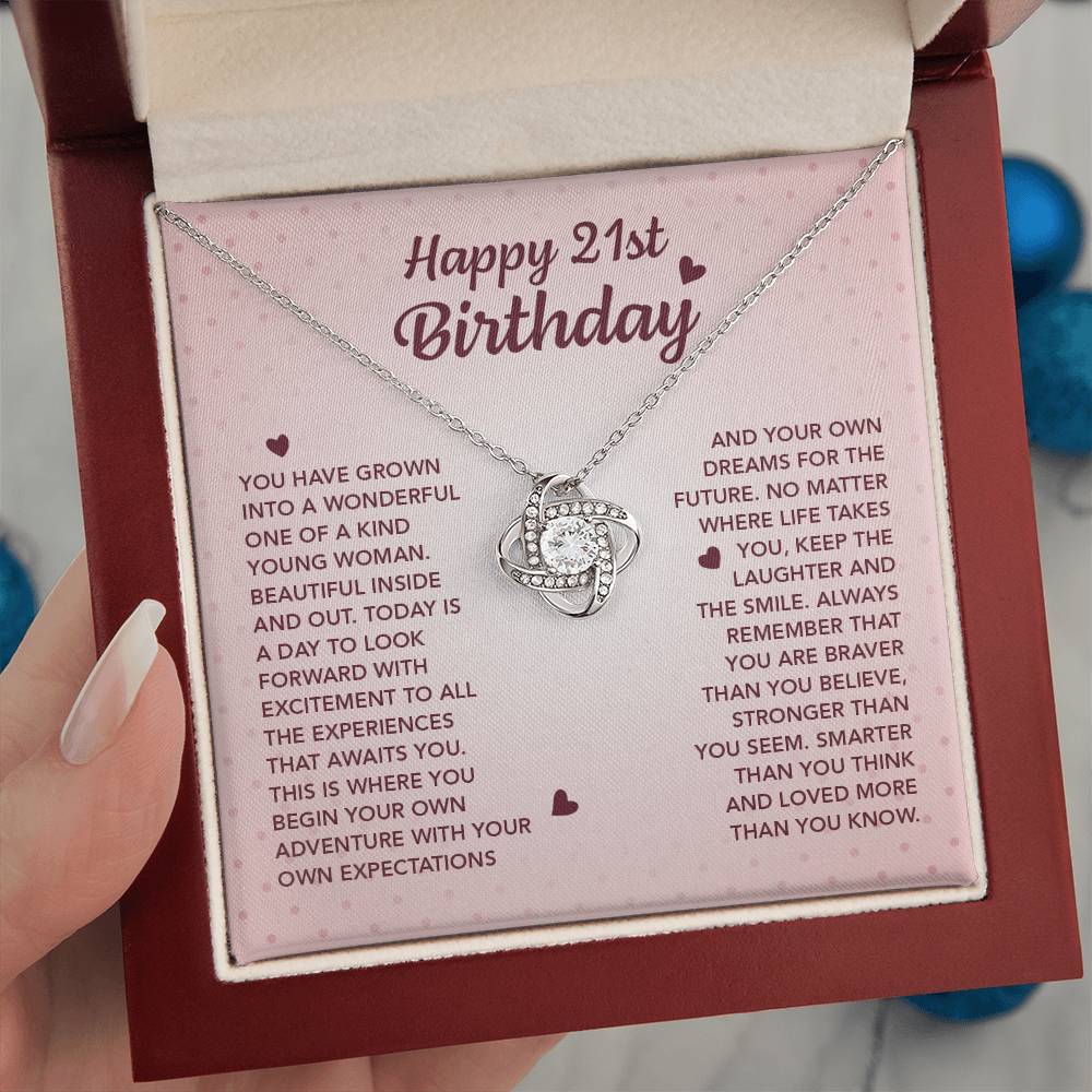 HAPPY 21ST BIRTHDAY ADVENTURE LOVE KNOT NECKLACE