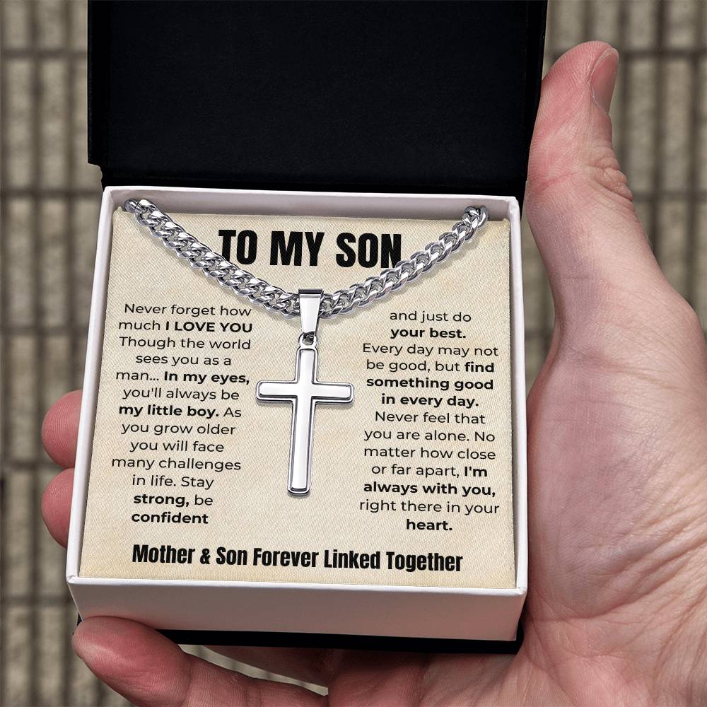 To My Son | Mother & Son Forever Linked Together Cuban Link Chain With Artisan Cross