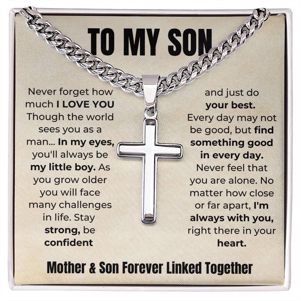 To My Son | Mother & Son Forever Linked Together Cuban Link Chain With Artisan Cross