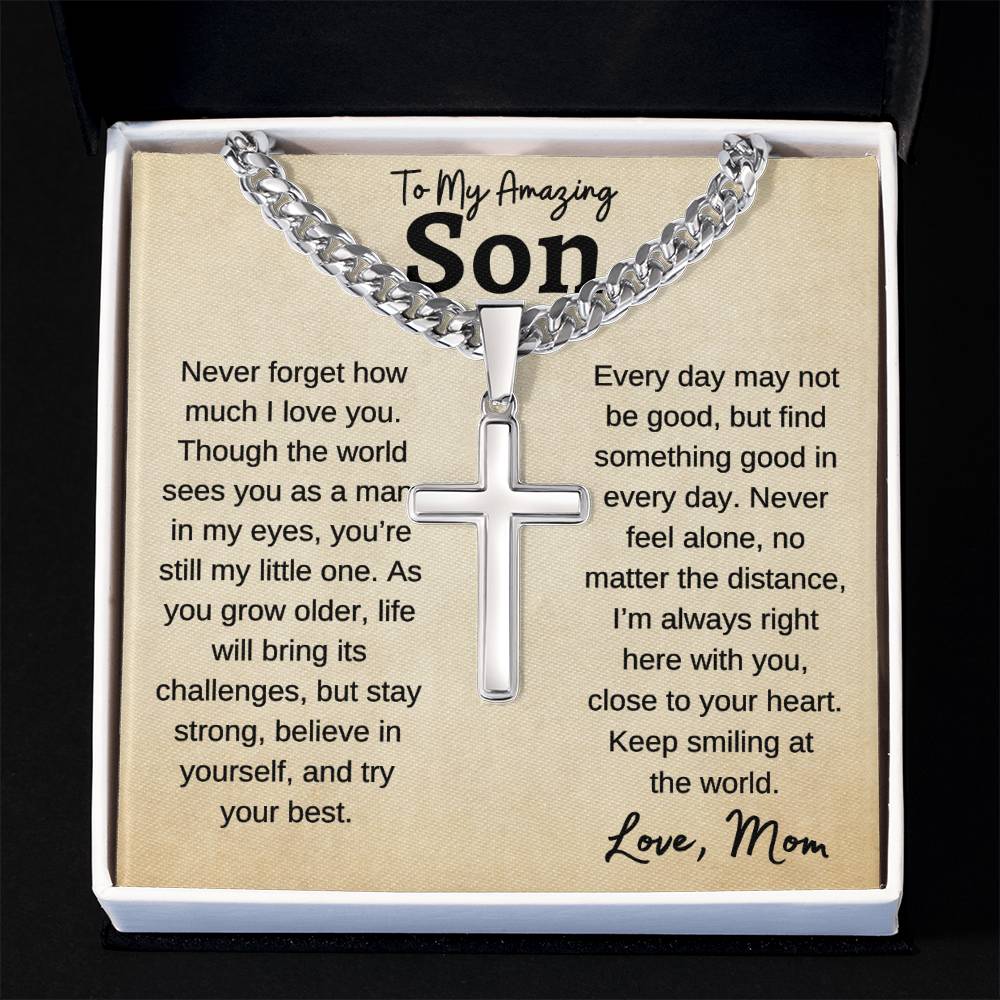 To My Amazing Son | Never Forget | Cuban Link Chain With Artisan Cross Necklace