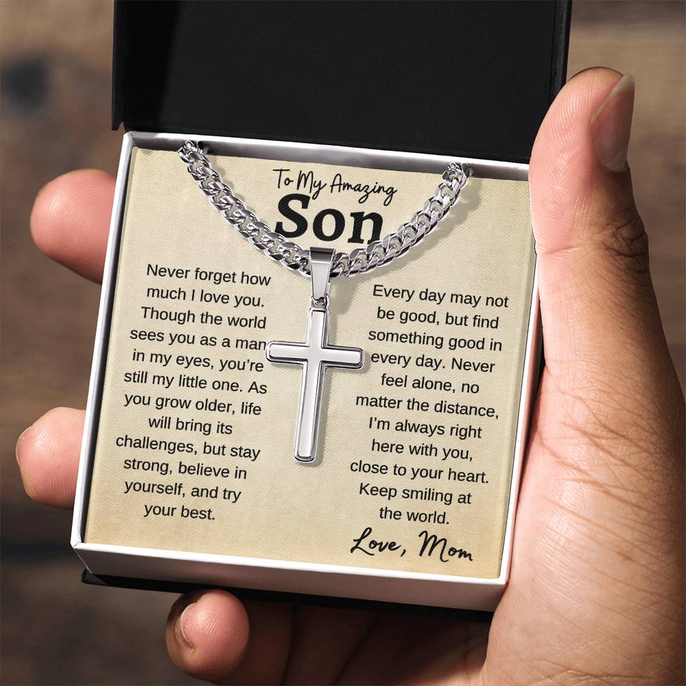 To My Amazing Son | Never Forget | Cuban Link Chain With Artisan Cross Necklace