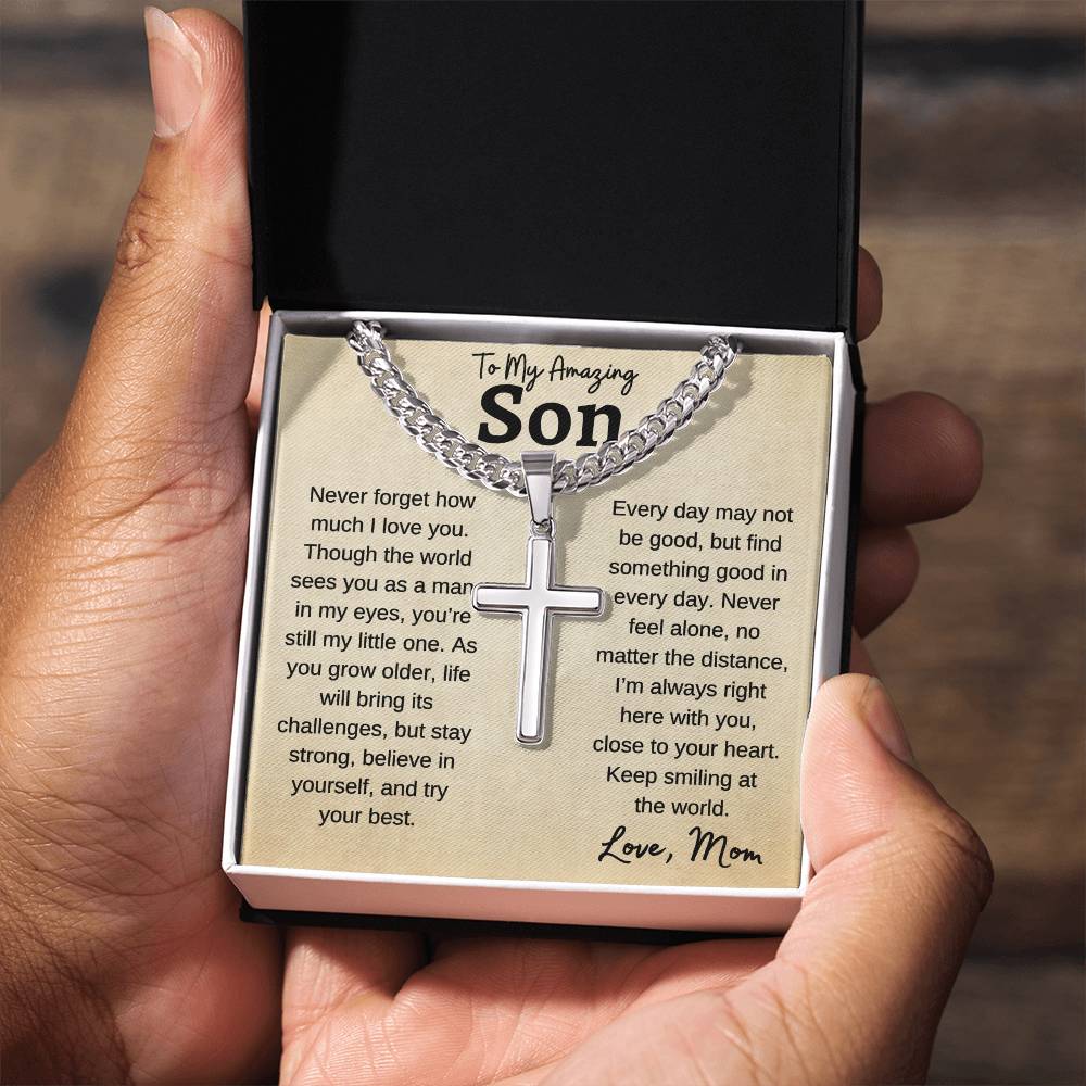 To My Amazing Son | Never Forget | Cuban Link Chain With Artisan Cross Necklace