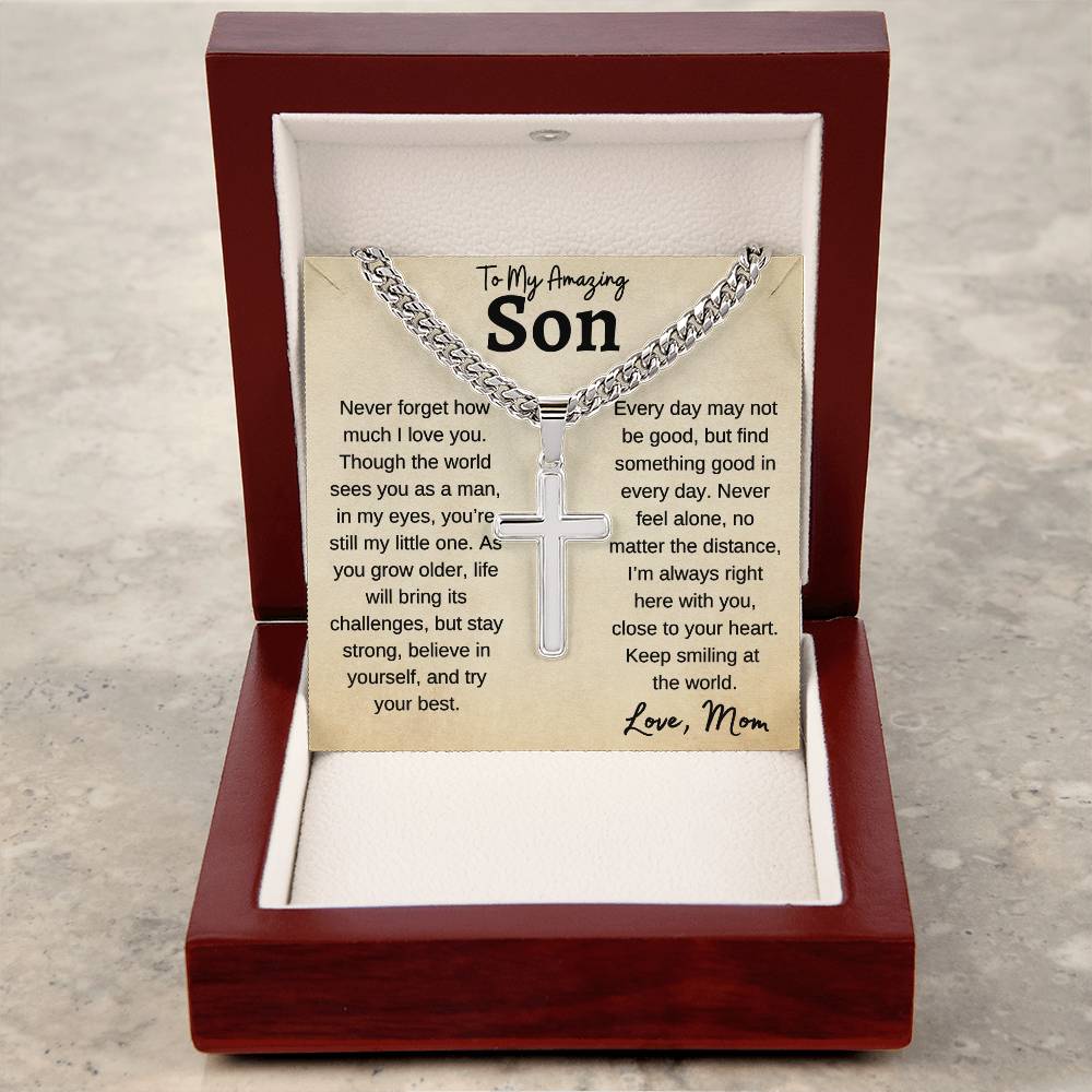 To My Amazing Son | Never Forget | Cuban Link Chain With Artisan Cross Necklace