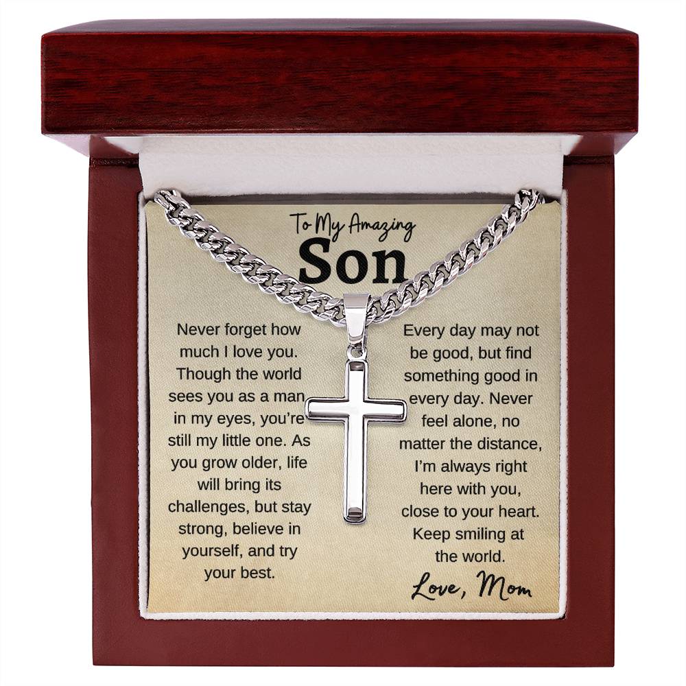 To My Amazing Son | Never Forget | Cuban Link Chain With Artisan Cross Necklace