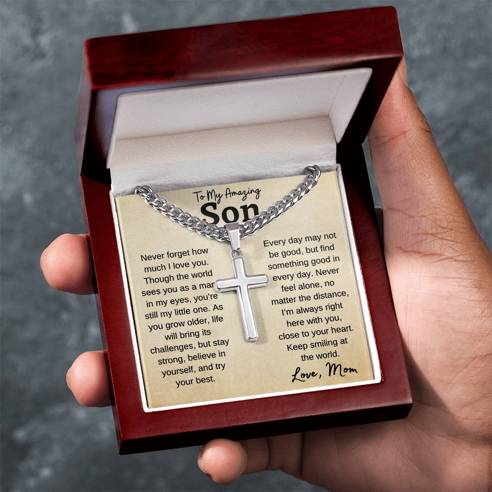 To My Amazing Son | Never Forget | Cuban Link Chain With Artisan Cross Necklace