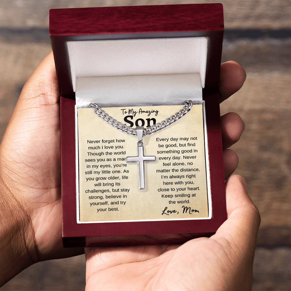 To My Amazing Son | Never Forget | Cuban Link Chain With Artisan Cross Necklace