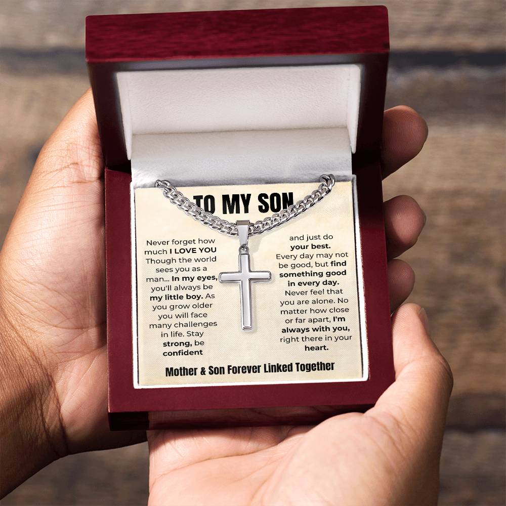 To My Son | Mother & Son Forever Linked Together Cuban Link Chain With Artisan Cross